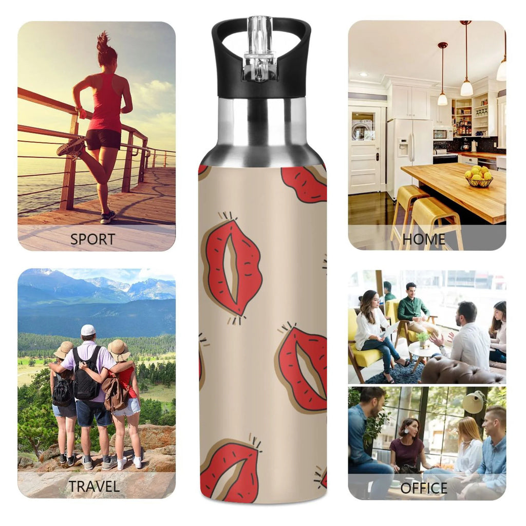 Red Lip Print Stainless Steel Water Bottle with Straw Lid 20 OZ W953848