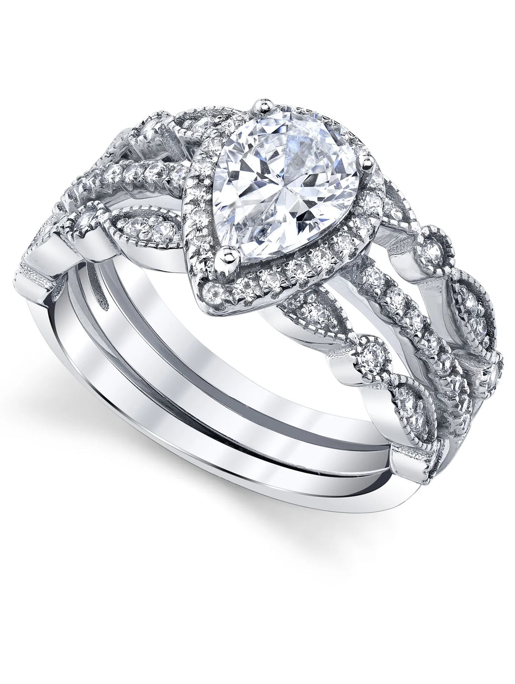 Sterling Silver Pear Shape Bridal Set Engagement Ring CZ C520