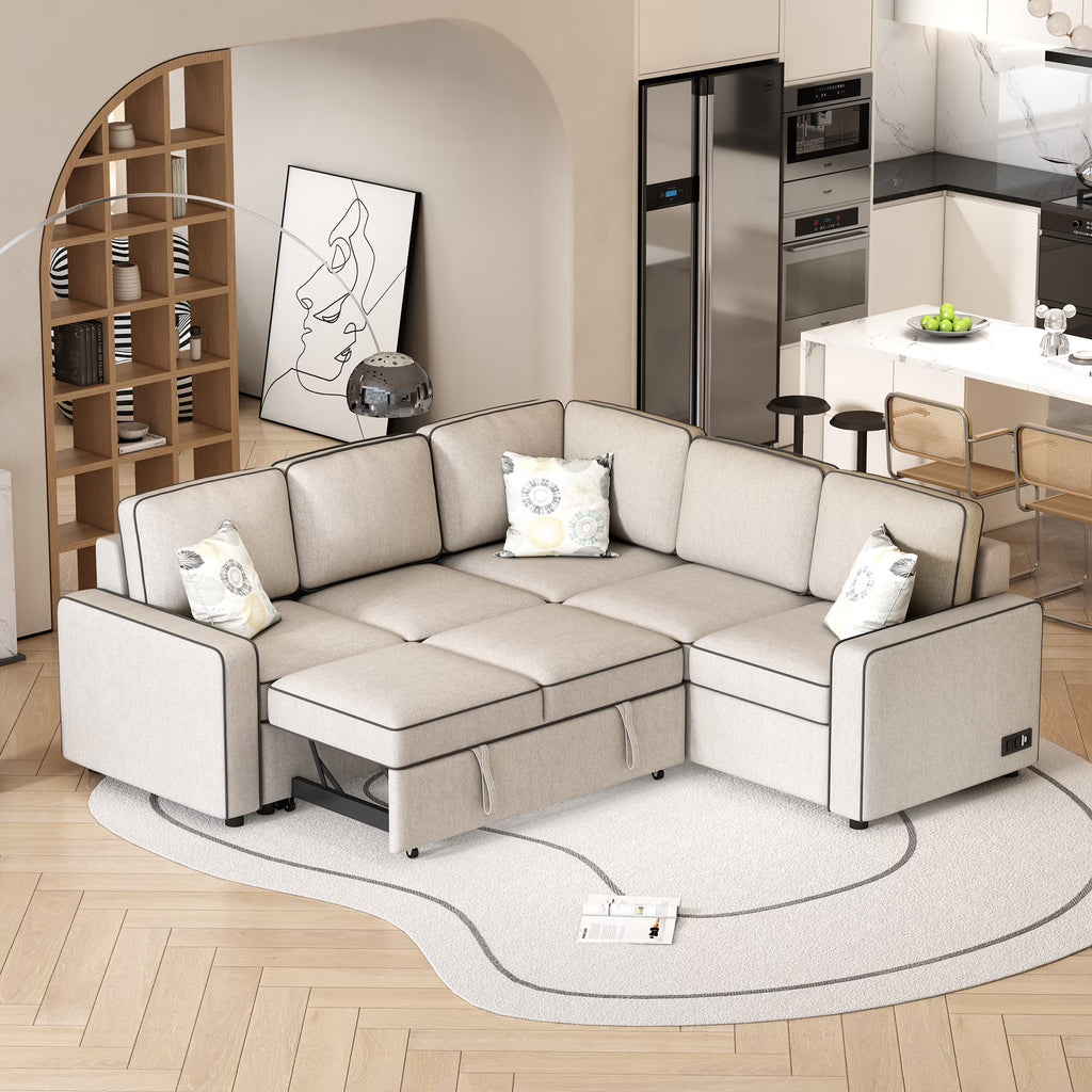 Cream L-Shaped Pull Out Sofa Bed with 2 USB Ports and 3 Pillows R9672