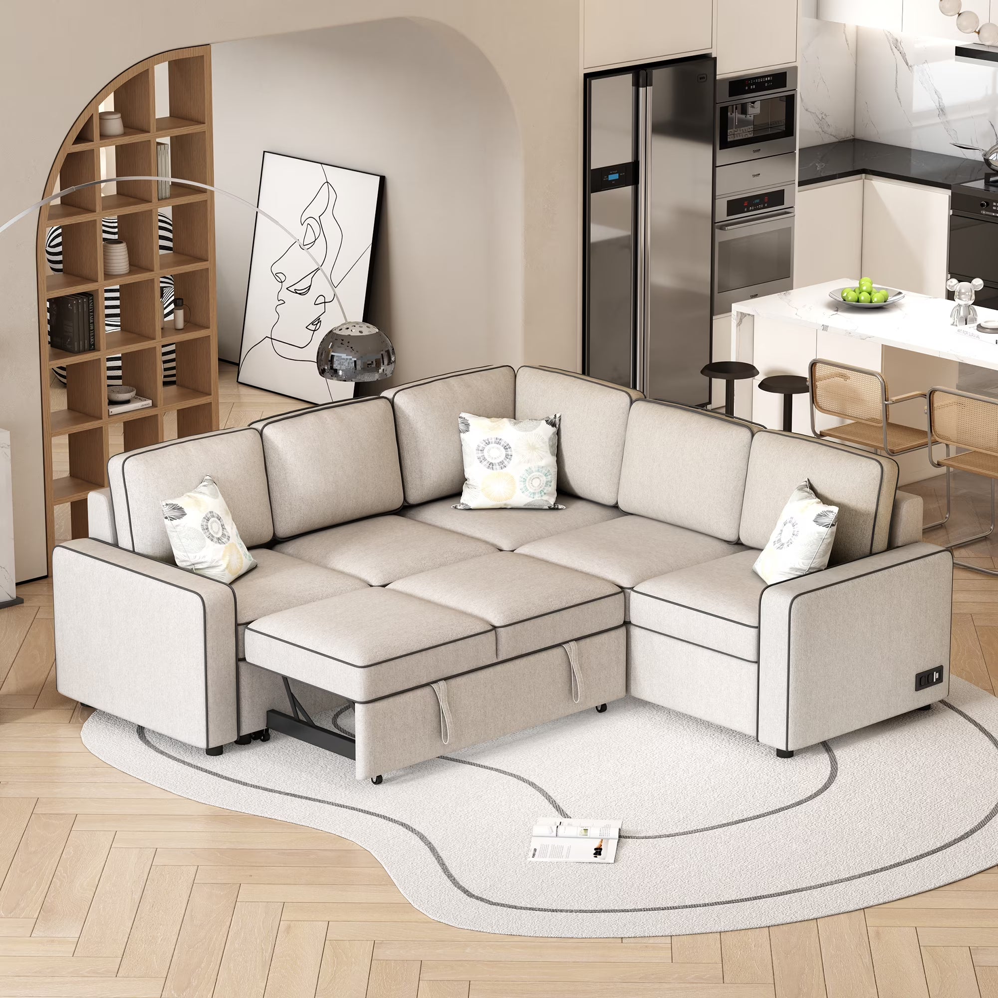 Cream L-Shaped Pull Out Sofa Bed with 2 USB Ports and 3 Pillows R9672