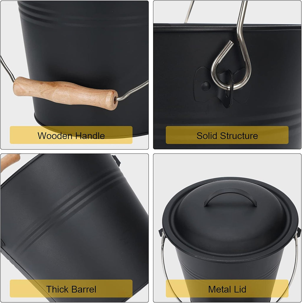 Mini Ash Bucket with Lid, 1.5-Gallon Pail with Shovel and Hand Broom, Metal Bucket Coal and Ash Carrier, Wood Pellet Storage Container, Tool set Accessories for Fireplace, Fire Pit, Wood Burning Stove Pack of 2 Q89834