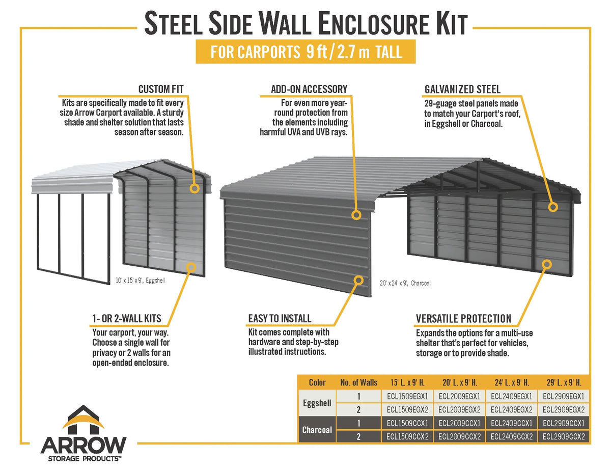 Galvanized Steel Carport Kit, 10' x 20' x 9', Charcoal E618