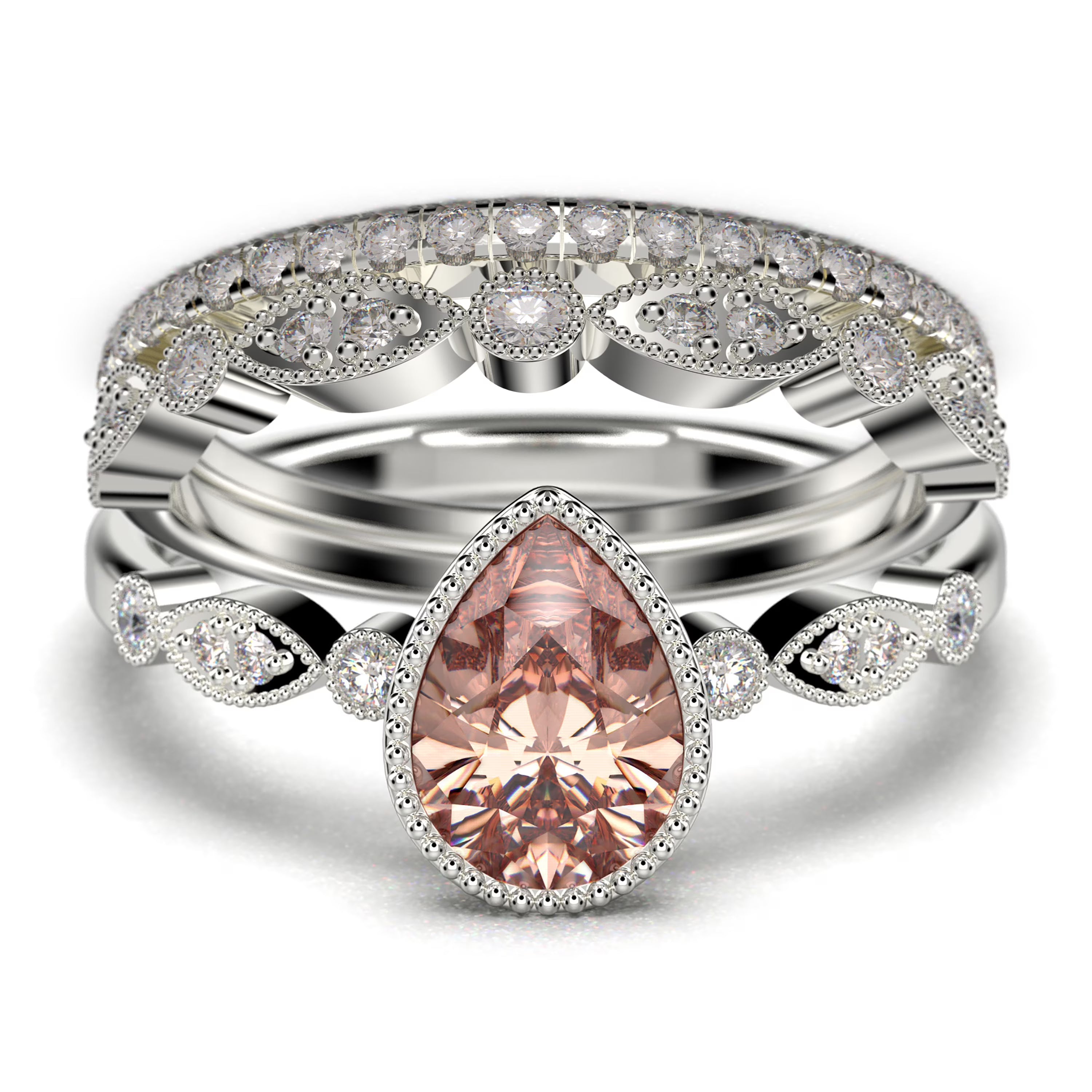 2.25 Carat Pear Cut Morganite And Diamond Moissanite Engagement Ring In 925 Sterling Silver With 18k White Gold Plating X353803