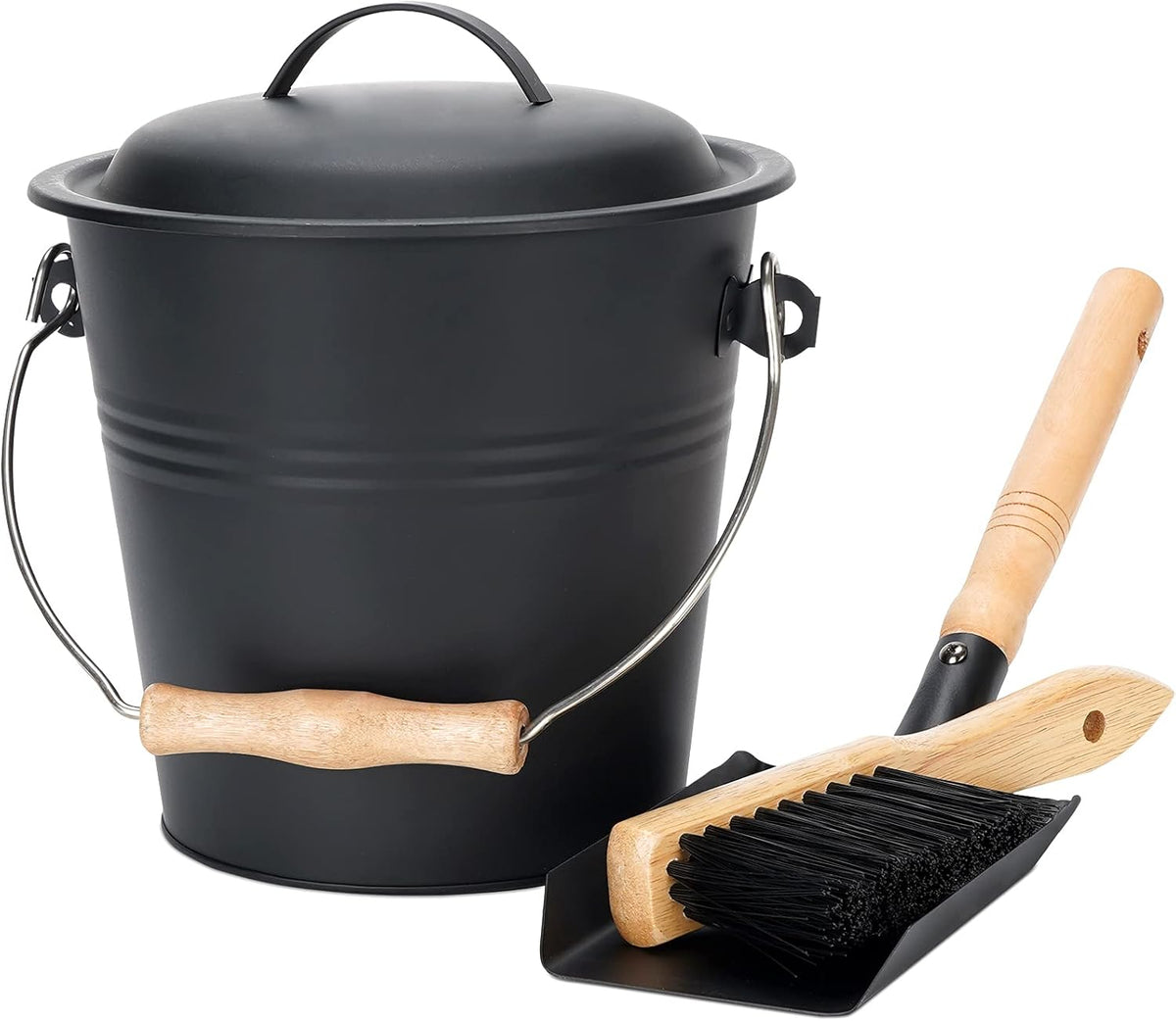 Mini Ash Bucket with Lid, 1.5-Gallon Pail with Shovel and Hand Broom, Metal Bucket Coal and Ash Carrier, Wood Pellet Storage Container, Tool set Accessories for Fireplace, Fire Pit, Wood Burning Stove Pack of 2 Q89834