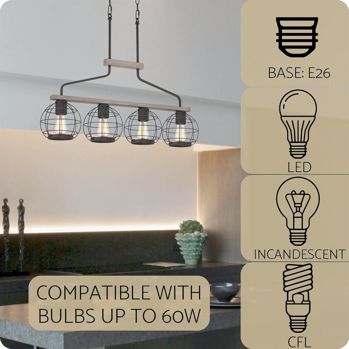 Farmhouse Island Light with Round Cage Shades V26128