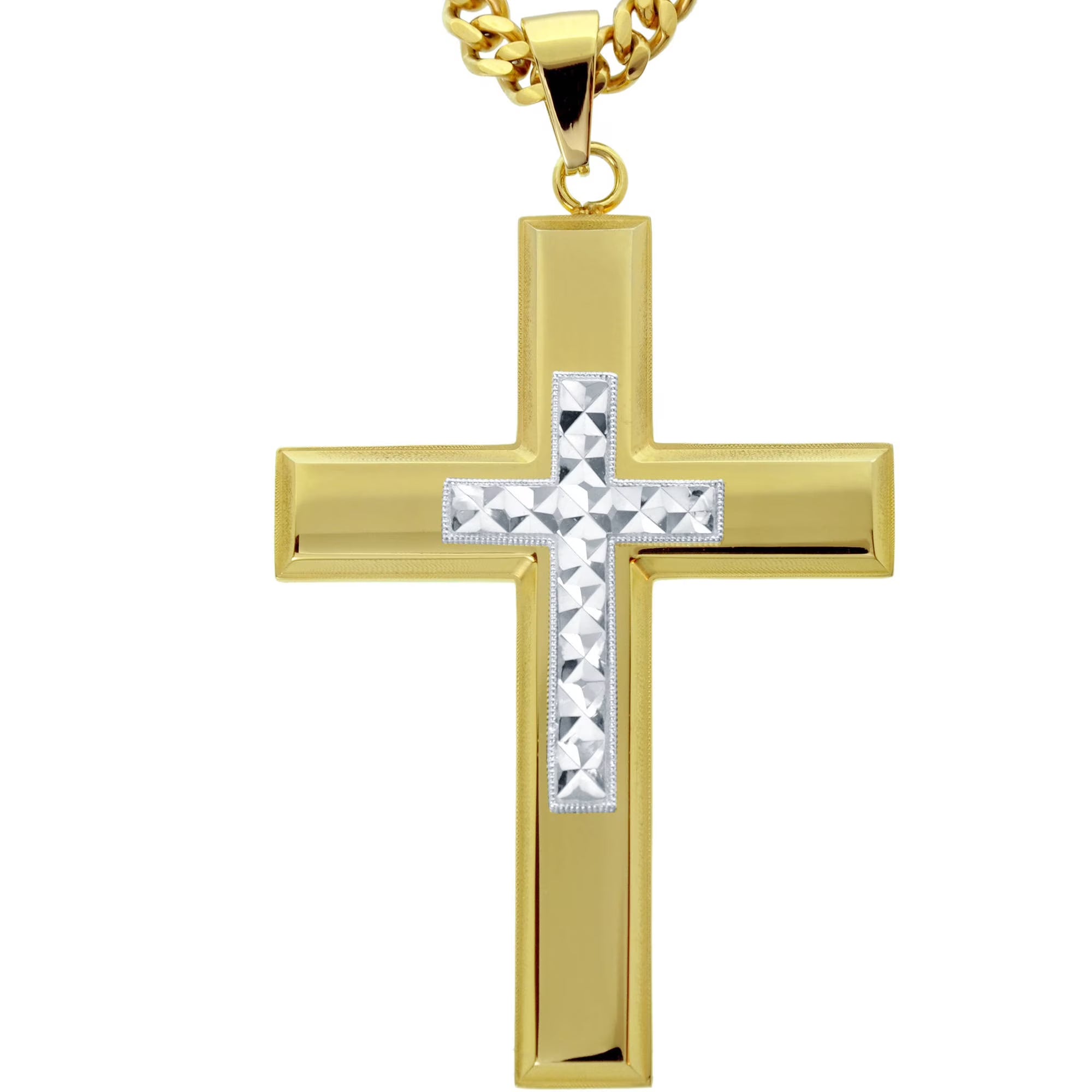 Stainless Steel Gold Tone Cross with Silver Tone Diamond Cut Cross T622507