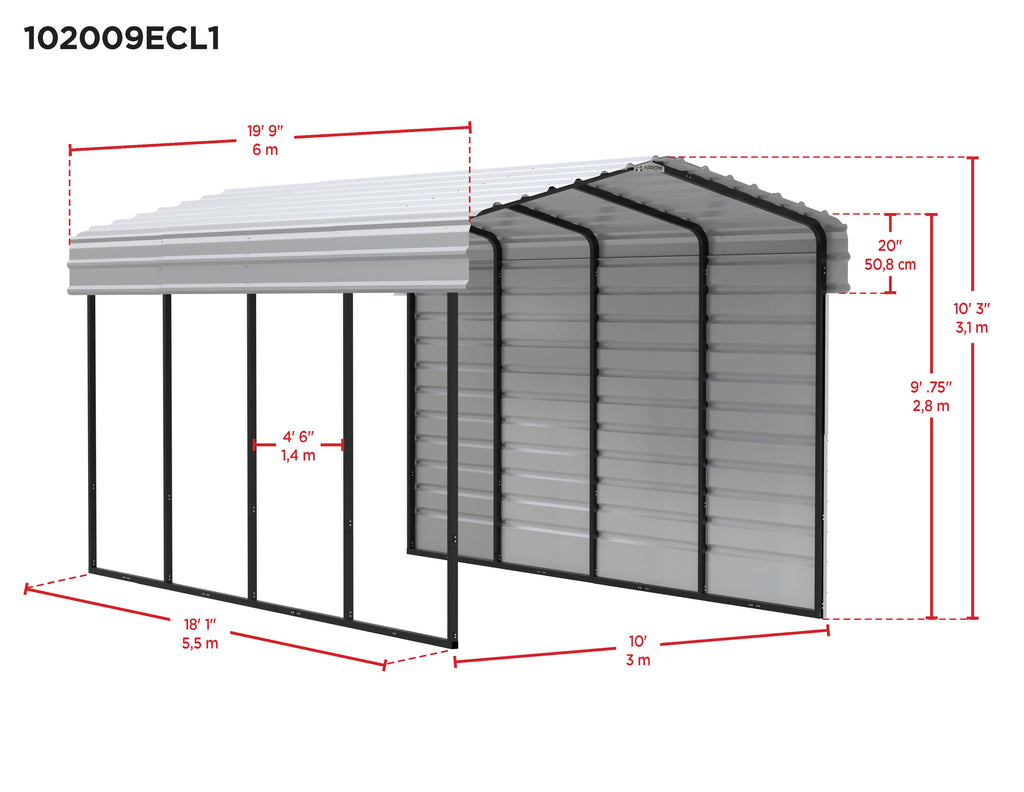 Galvanized Steel Carport Kit, 10' x 20' x 9', Charcoal E618