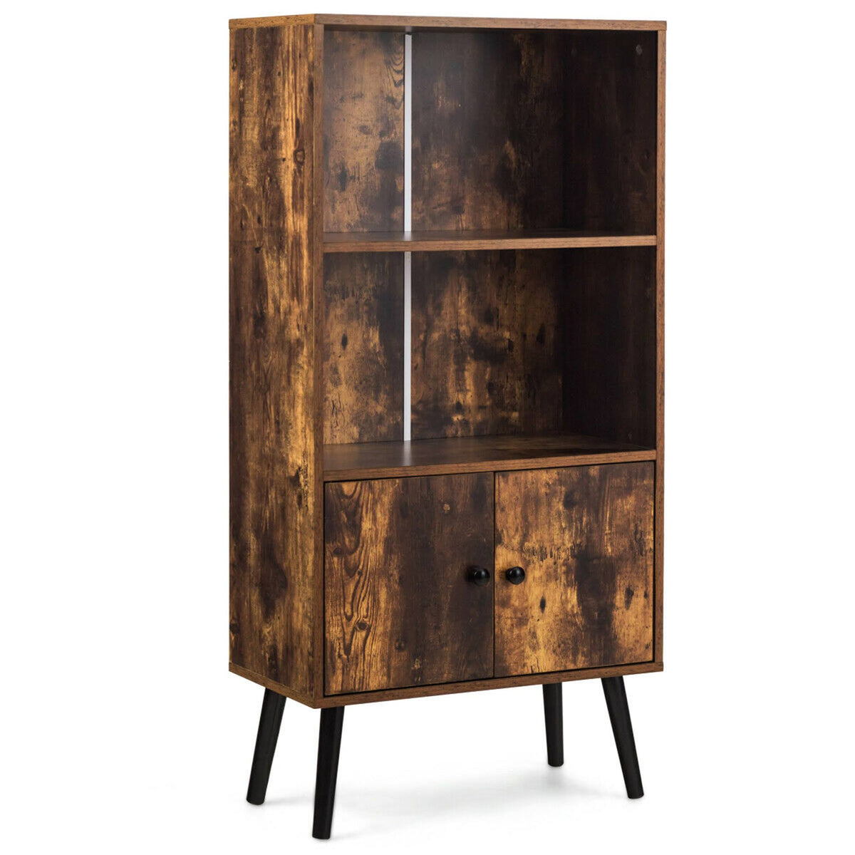 2-Tier Retro Bookcase Bookshelf with 3 Compartment and 2 Doors Q90370