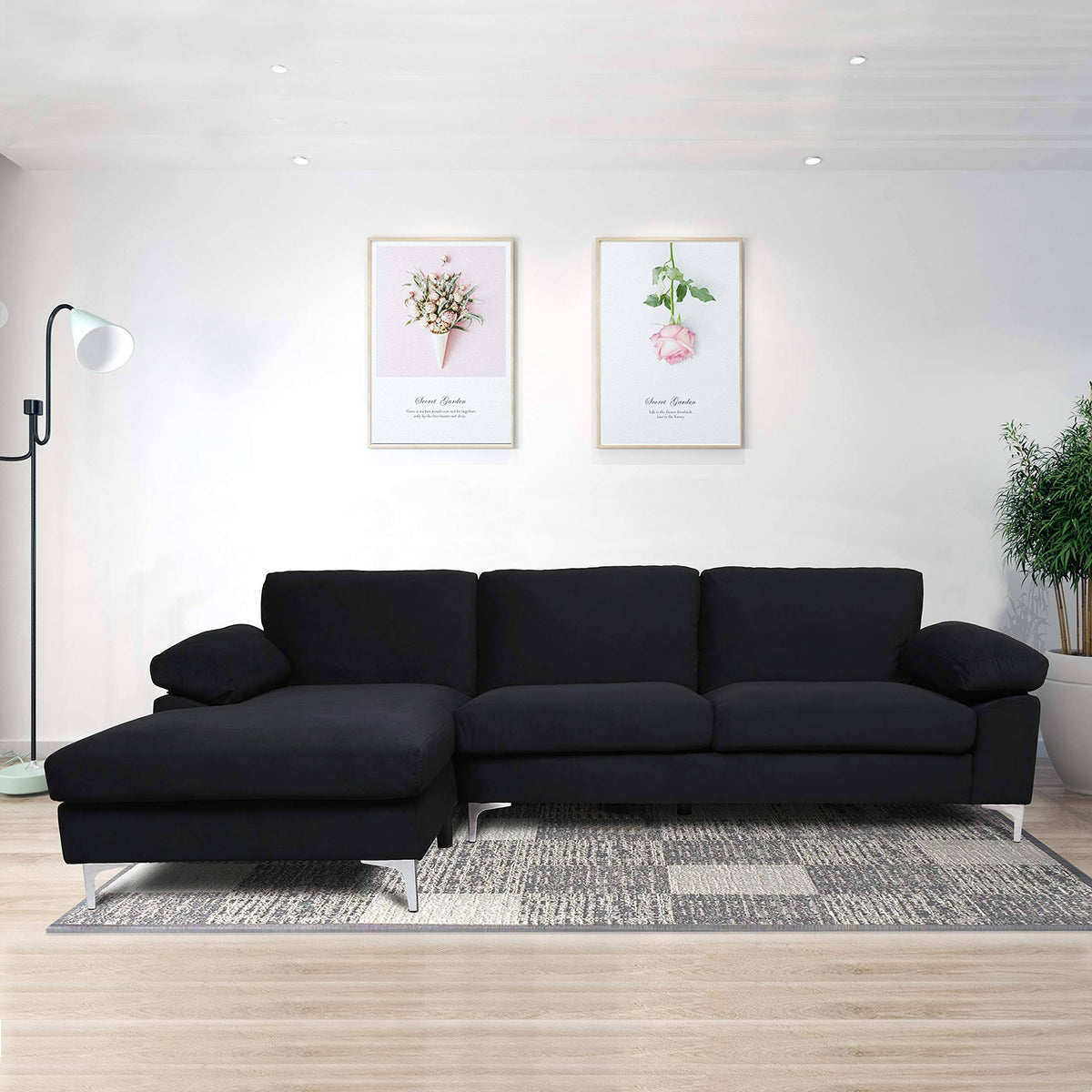 Black Velvet L-Shaped Sectional Sofa Chaise A8696