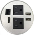 Round Top Power Grommet with 2 AC Plugs, 2 USB Ports, 1 CAT6 Port, 1 HDMI Port, Silver, Pack of 2 Y55674