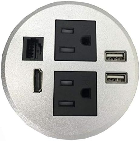 Round Top Power Grommet with 2 AC Plugs, 2 USB Ports, 1 CAT6 Port, 1 HDMI Port, Silver, Pack of 2 Y55674