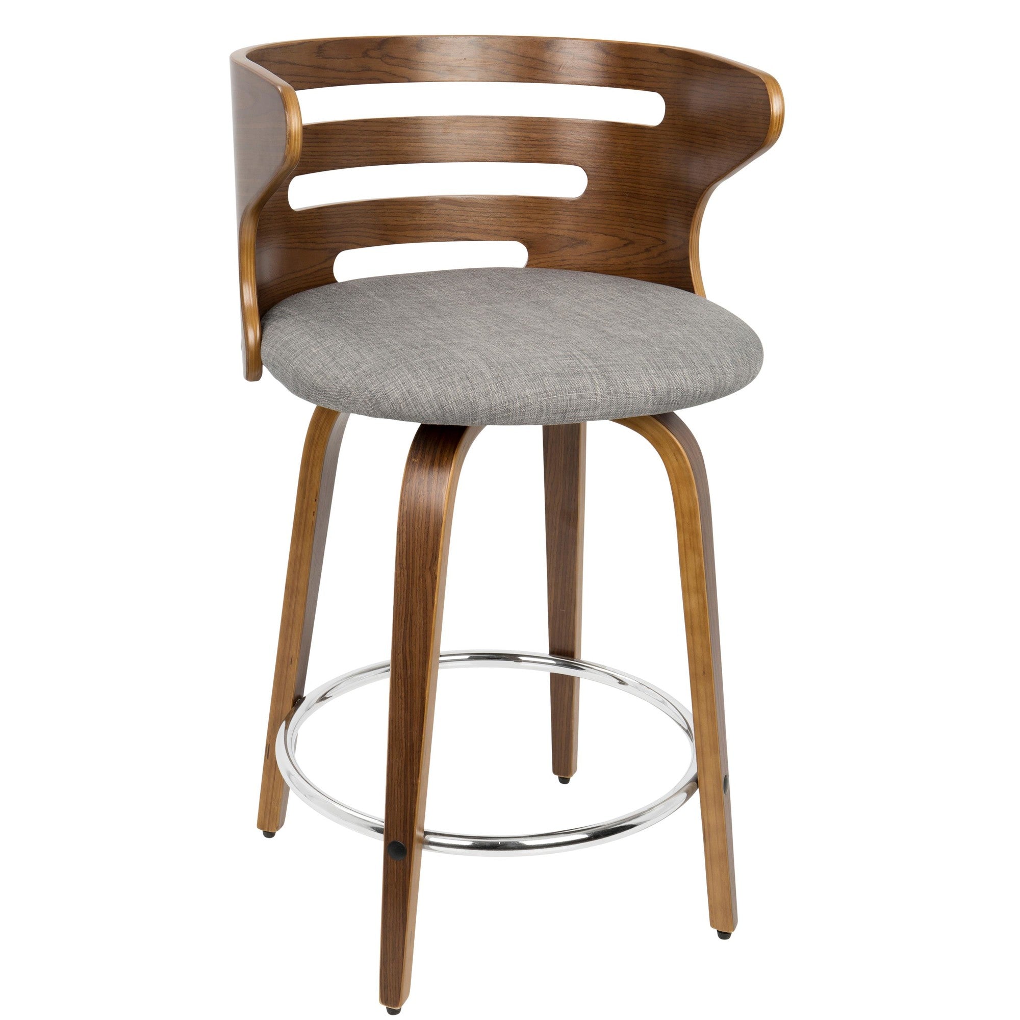 Mid-Century Modern Counter Stool with Swivel in Walnut and Grey Fabric, Set of 2 F137799