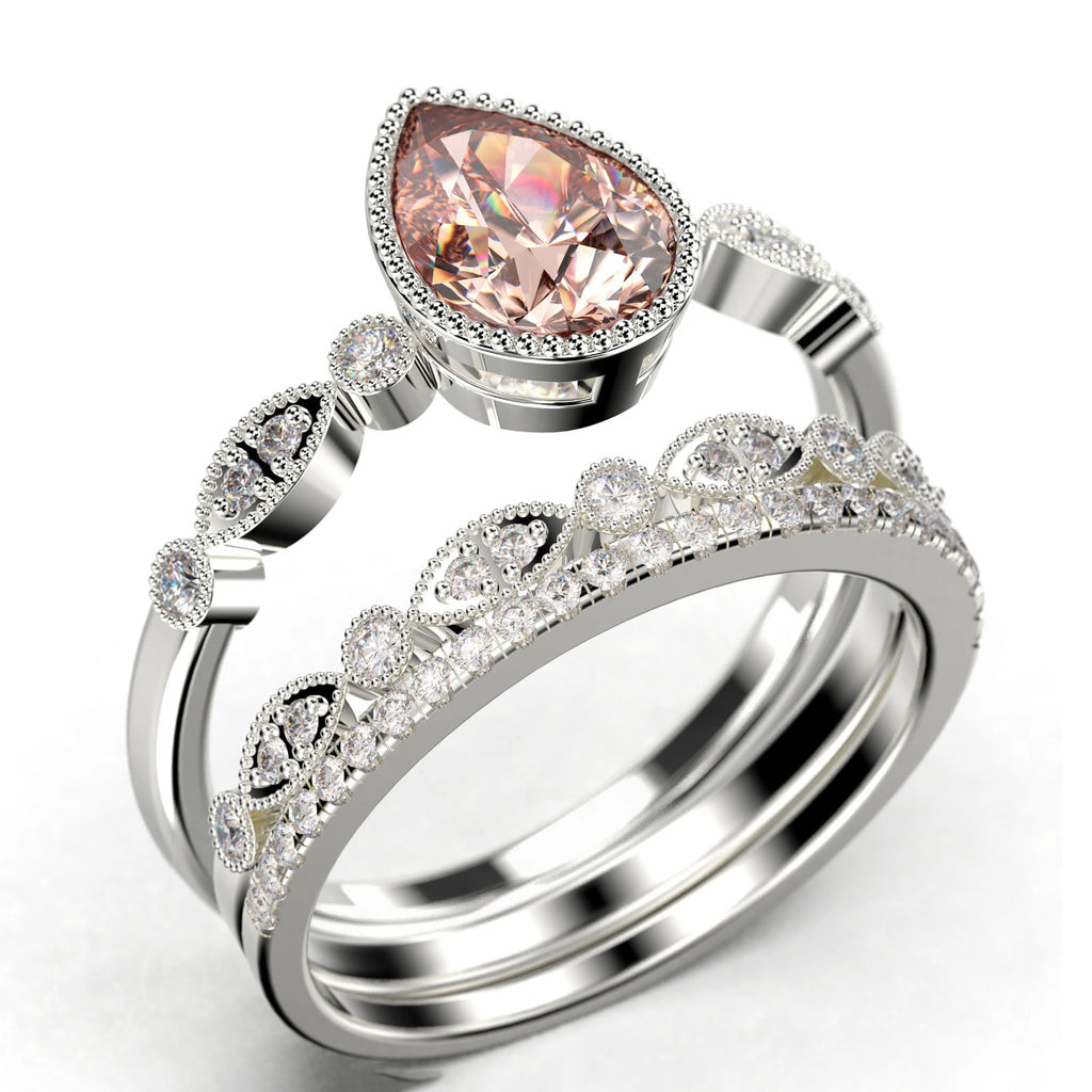 2.25 Carat Pear Cut Morganite And Diamond Moissanite Engagement Ring In 925 Sterling Silver With 18k White Gold Plating X353803