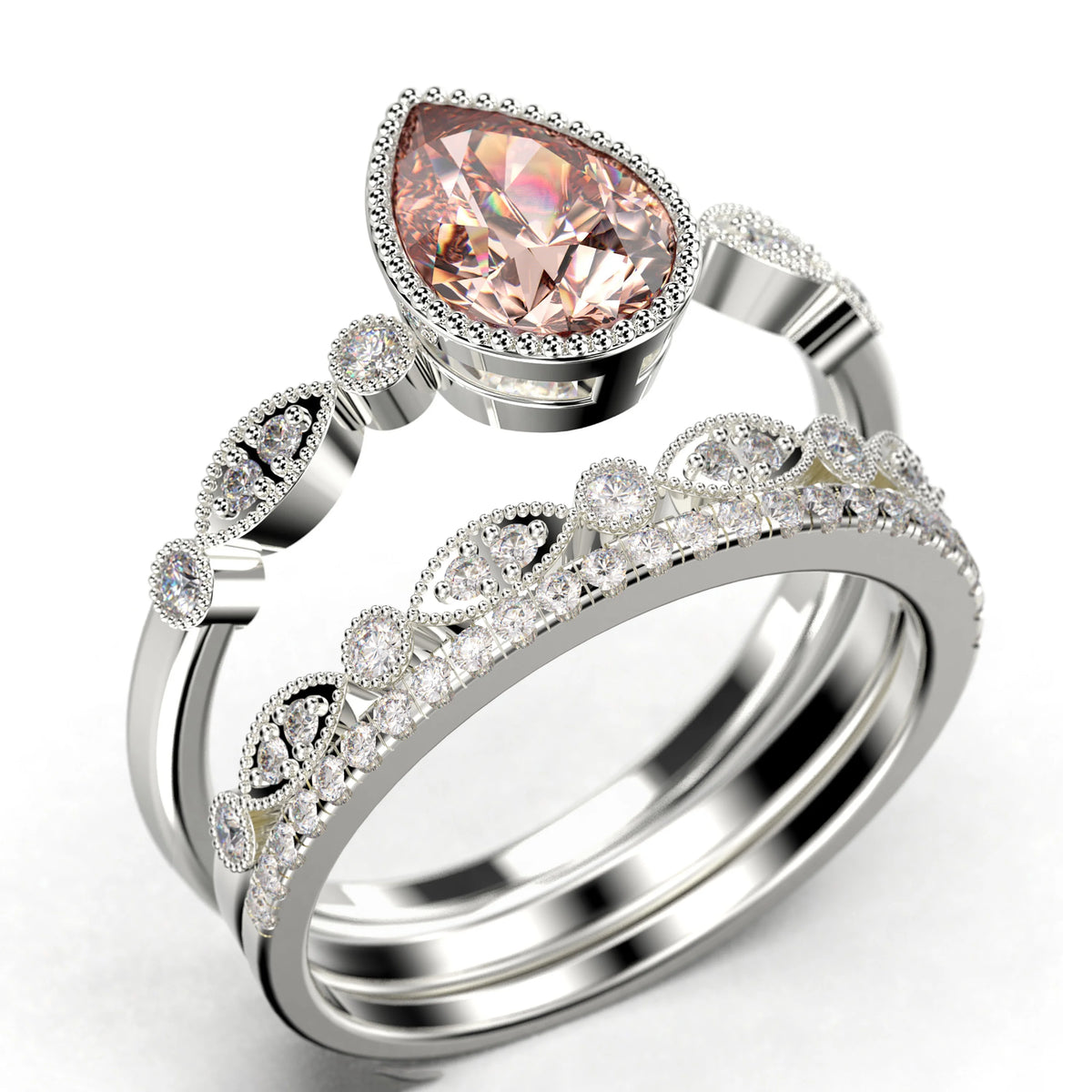 2.25 Carat Pear Cut Morganite And Diamond Moissanite Engagement Ring In 925 Sterling Silver With 18k White Gold Plating X353803