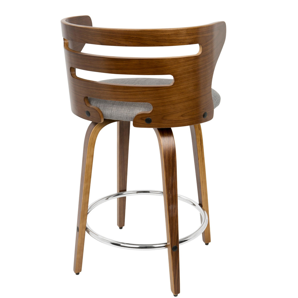Mid-Century Modern Counter Stool with Swivel in Walnut and Grey Fabric, Set of 2 F137799