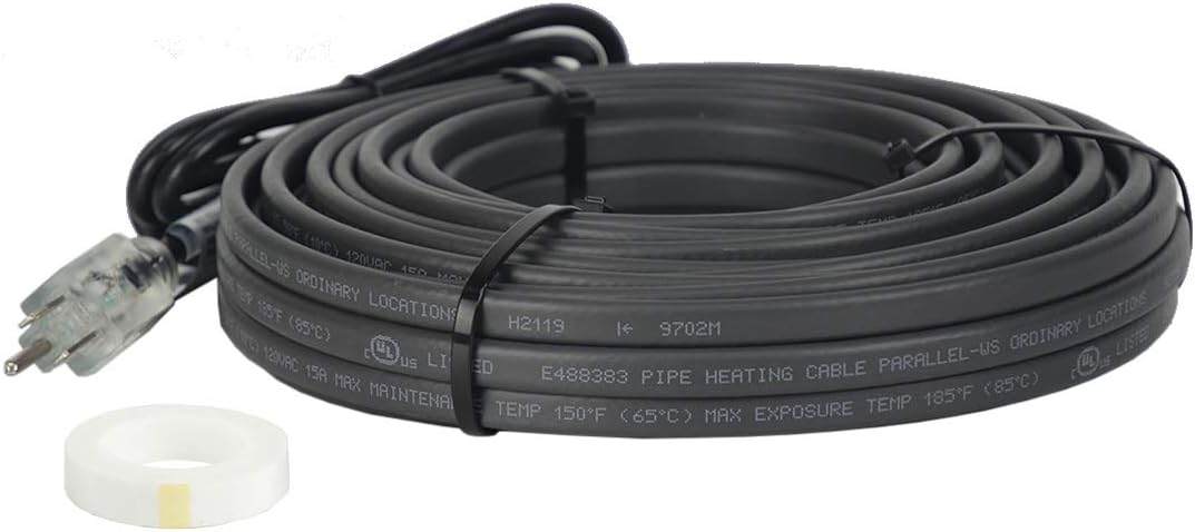 Self-Regulating Pipe Heat Cable with Glass Tape, 18ft, 120V, 6ft Cord & Lighted Plug Y38229
