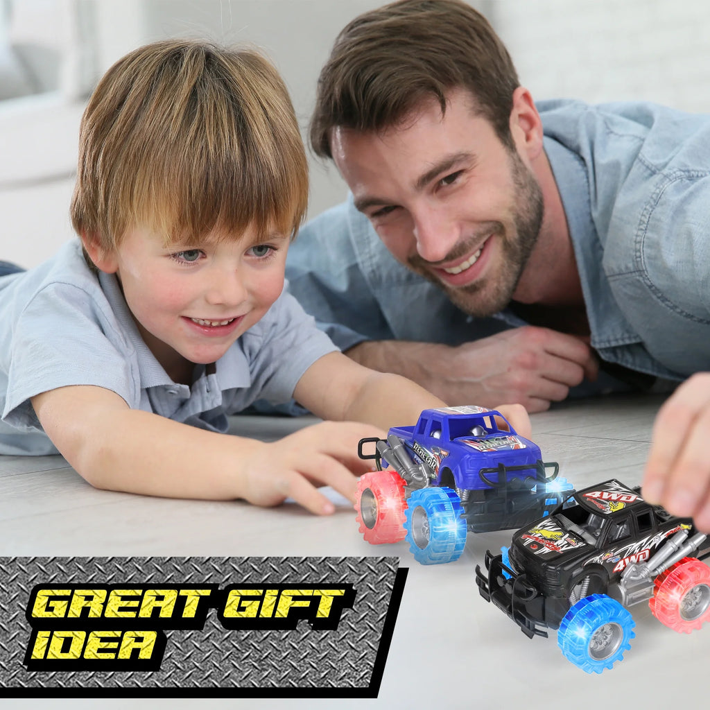 Light Up Monster Truck Set, 2 Pack, 6 Inch LED Tires Push n Go Friction Toy Car X107830