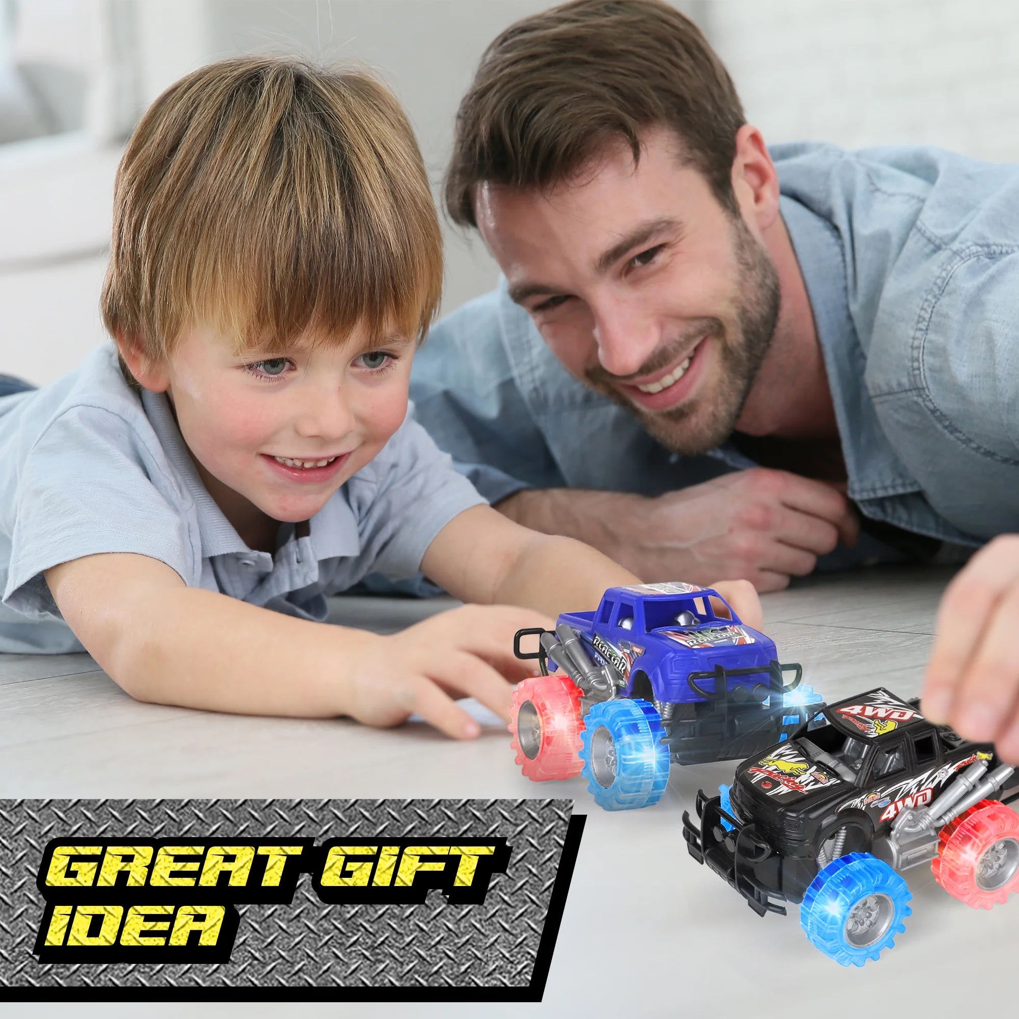 Light Up Monster Truck Set, 2 Pack, 6 Inch LED Tires Push n Go Friction Toy Car X107830