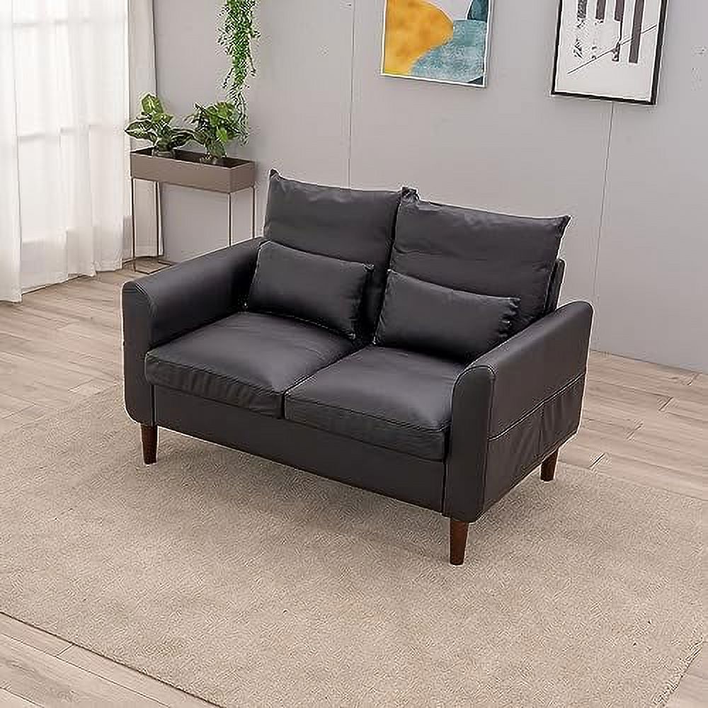 Black Faux Leather 2-Seat Sofa with Wood Leg I86428