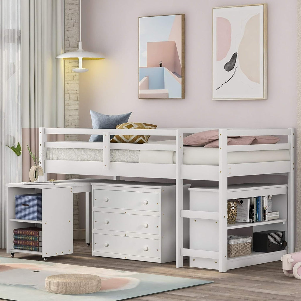 White Solid Wood Twin-Size Low Loft Bed Frame with Ladder and Desk C666178