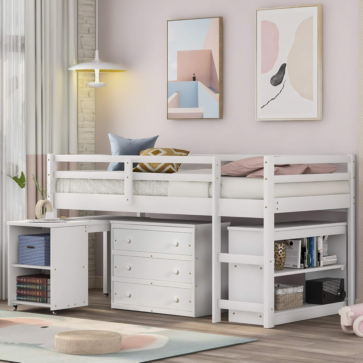 White Solid Wood Twin-Size Low Loft Bed Frame with Ladder and Desk C666178