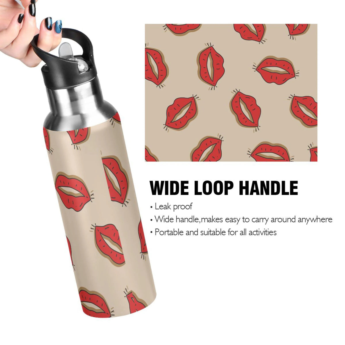Red Lip Print Stainless Steel Water Bottle with Straw Lid 20 OZ W953848