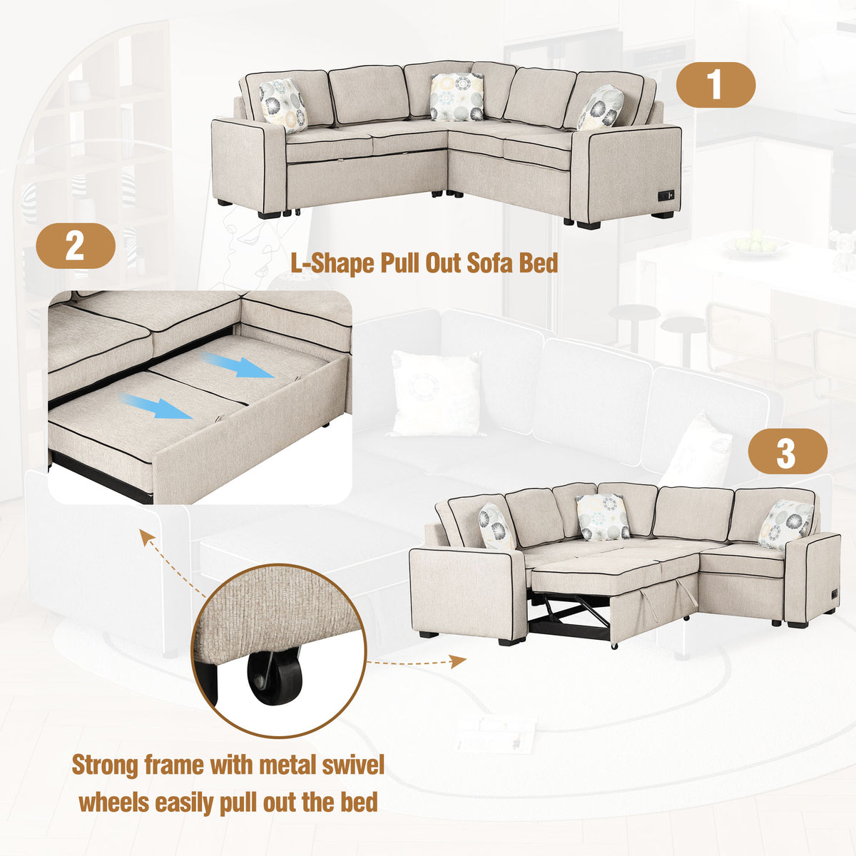 Cream L-Shaped Pull Out Sofa Bed with 2 USB Ports and 3 Pillows R9672