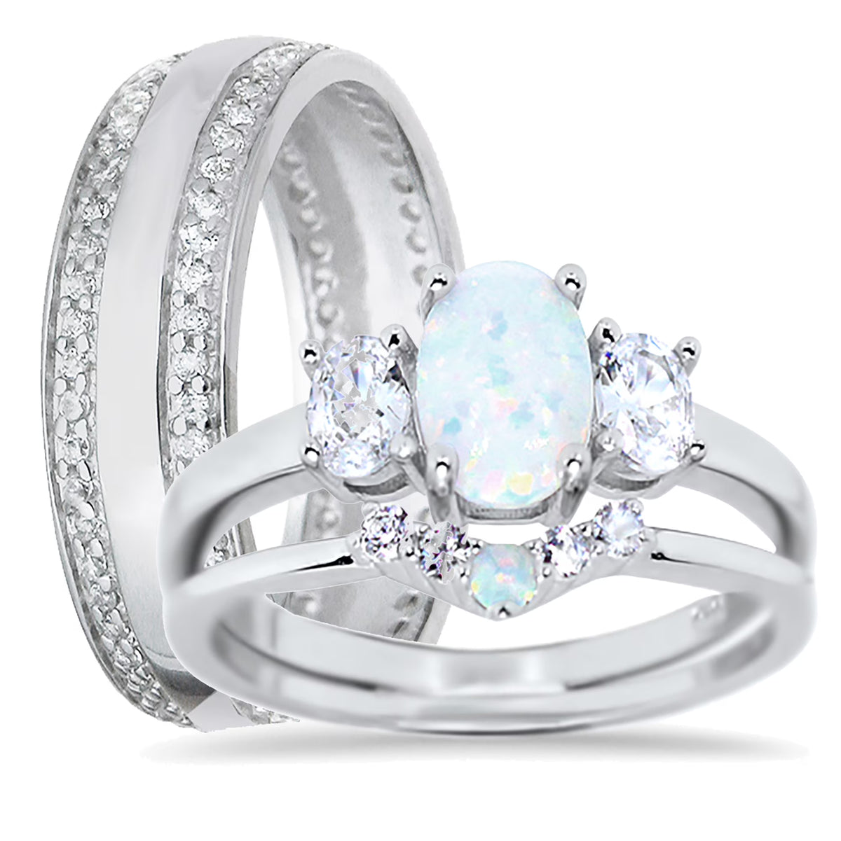 Sterling Silver Opal CZ Engagement Ring Set U239123