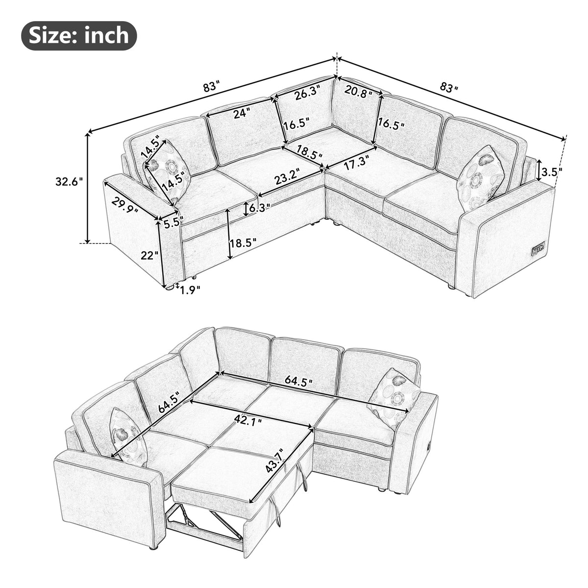 Cream L-Shaped Pull Out Sofa Bed with 2 USB Ports and 3 Pillows R9672