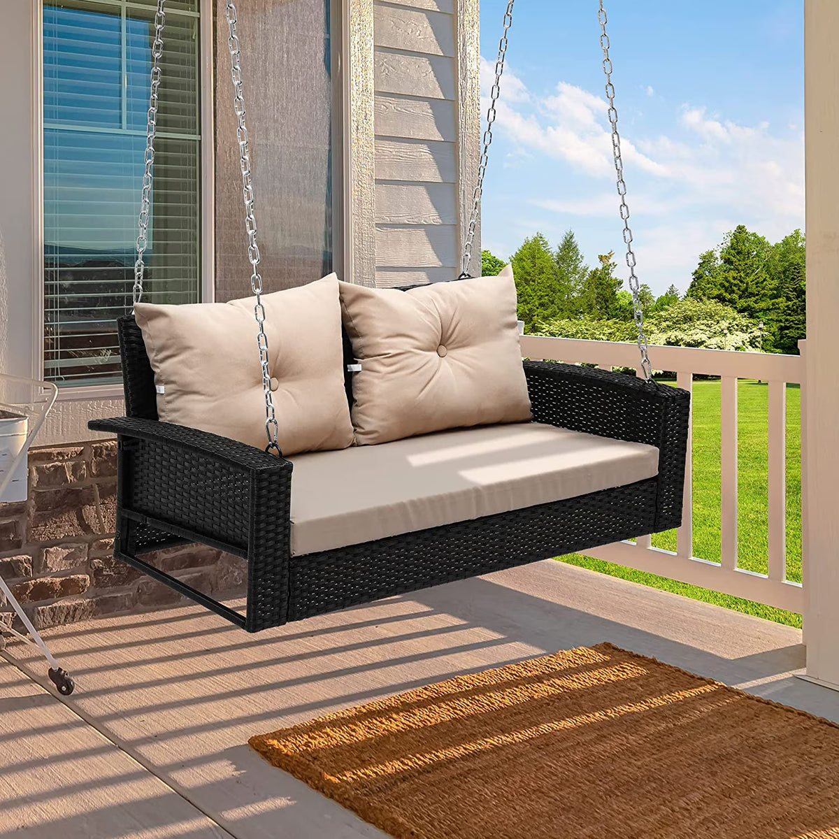 Black Rattan Wicker Hanging Swing Chair with 2 Back Cushions W909