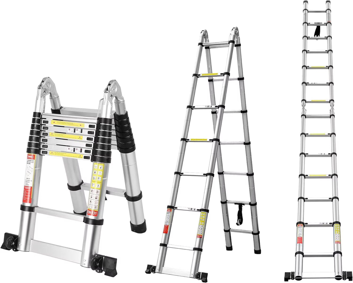 14.5FT A Frame Telescoping Ladder with Balance Bar & Movable Wheel V368