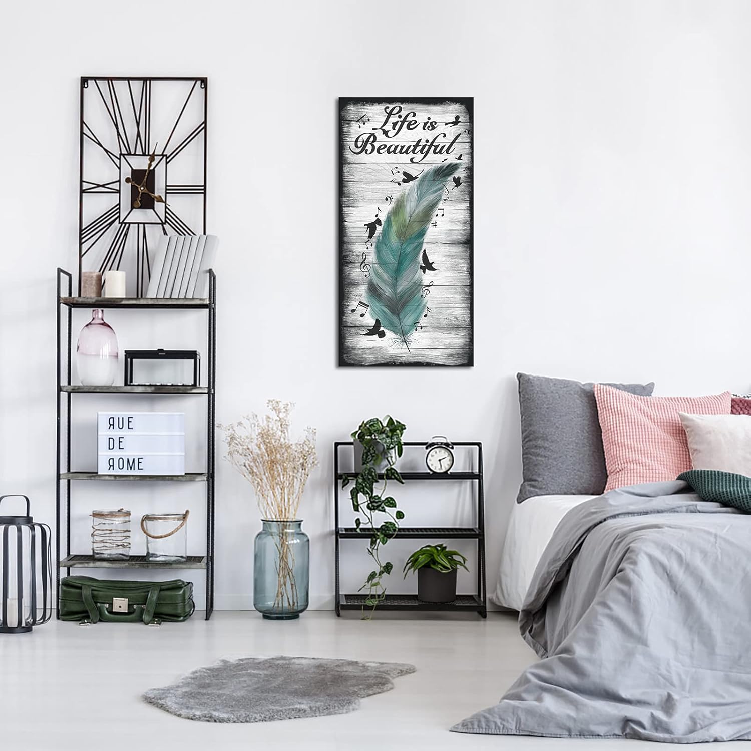 Abstract Feather and Flying Birds Canvas Wall Art with Inspirational Quote, 20x40 T274434