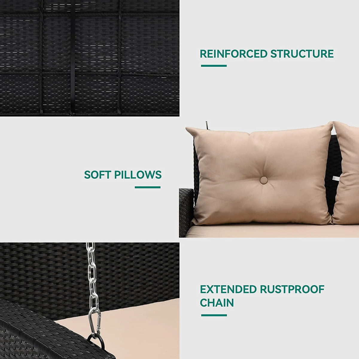 Black Rattan Wicker Hanging Swing Chair with 2 Back Cushions W909