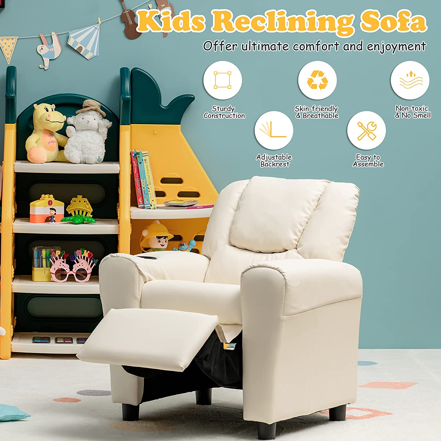 Beige PU Leather Toddler Armrest Sofa Recliner R797