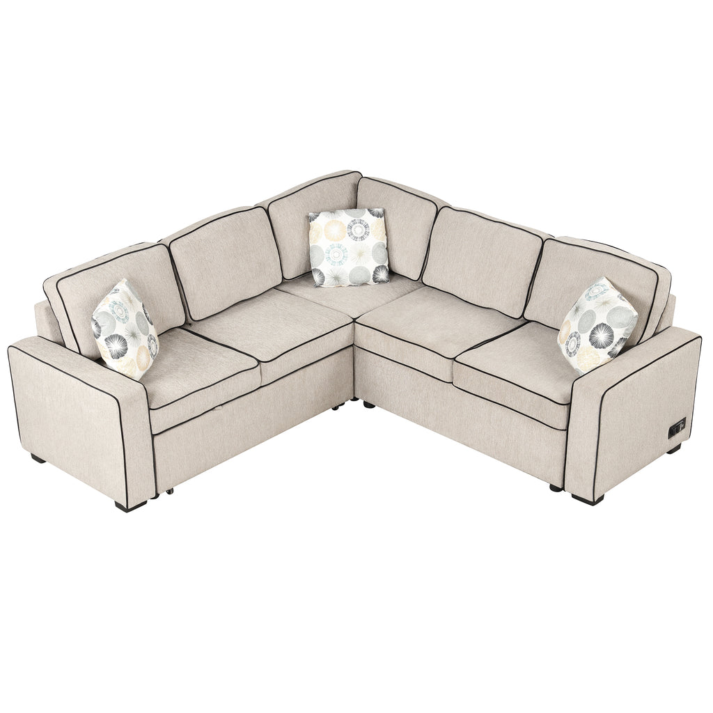 Cream L-Shaped Pull Out Sofa Bed with 2 USB Ports and 3 Pillows R9672