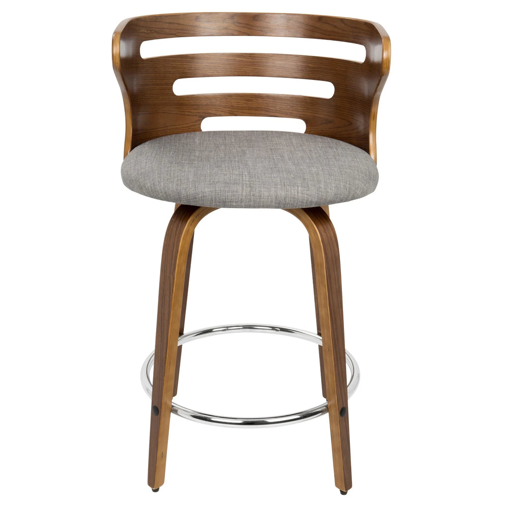 Mid-Century Modern Counter Stool with Swivel in Walnut and Grey Fabric, Set of 2 F137799