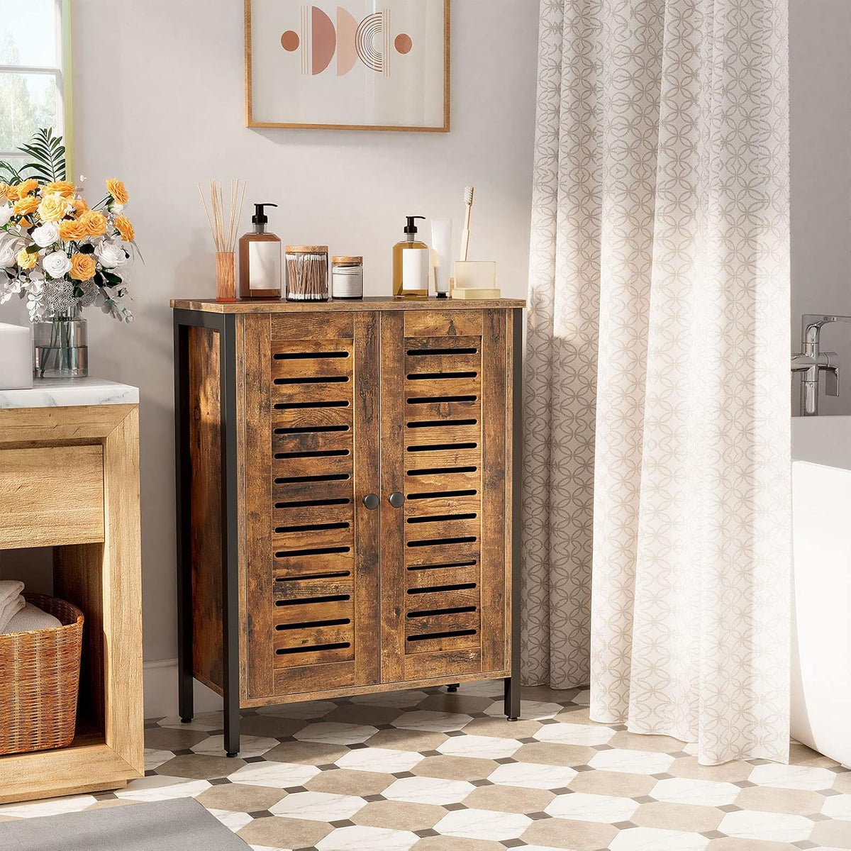 Rustic Brown Bathroom Cabinet with 2 Adjustable Shelves and Louver Doors M118911