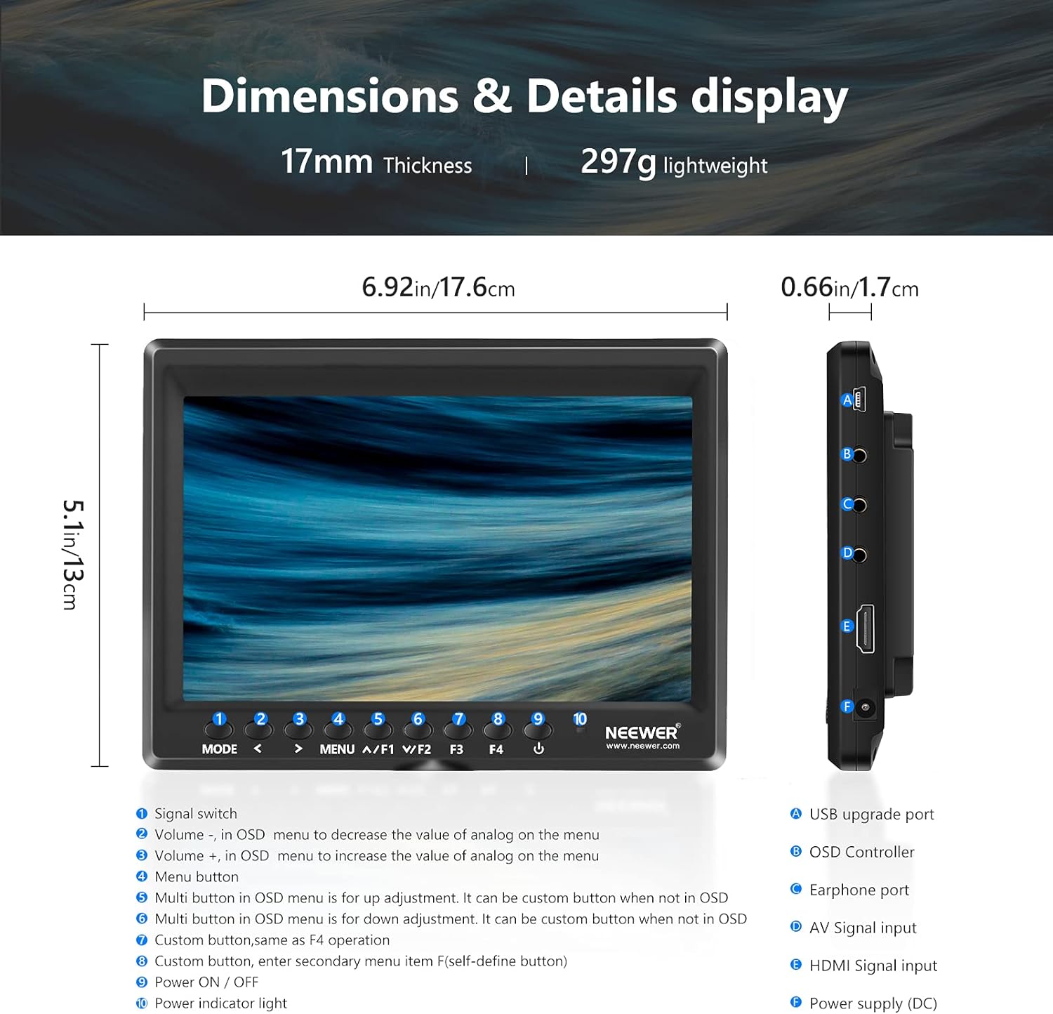 7 Inch 1280x800 4K HDMI Input Camera Field Monitor with 2600mAh Li-ion Battery Y29677