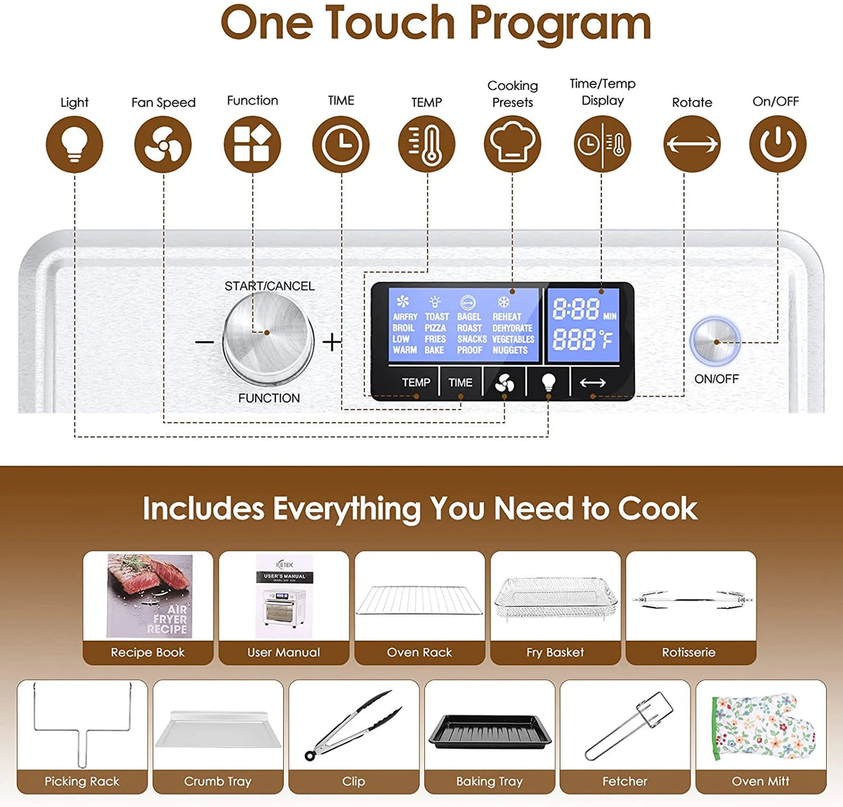 16-in-1 Stainless Steel Air Fryer Toaster Oven Combo with Digital Temperature Control, 9 Accessories & Cookbook M17867