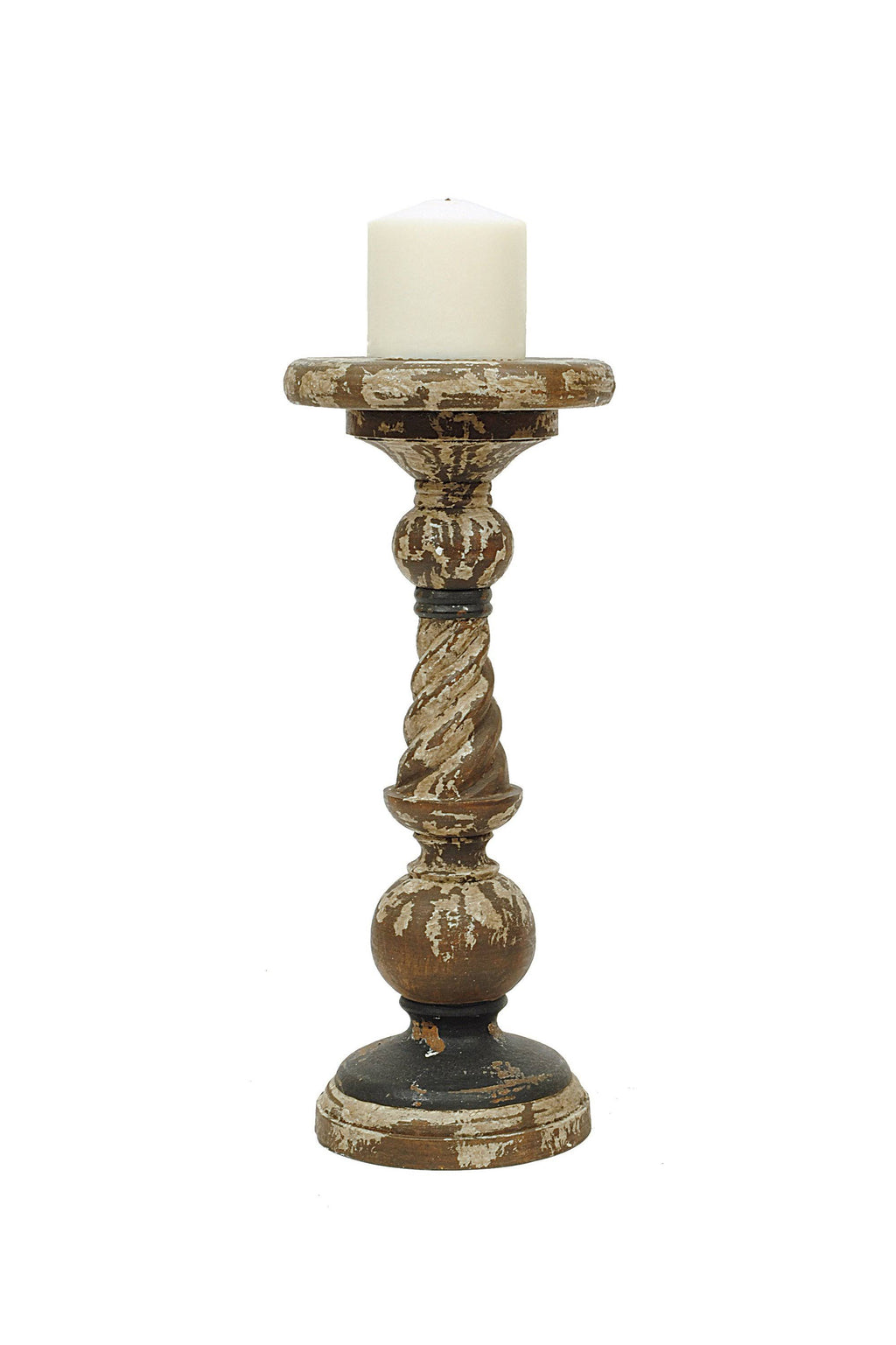 Distressed Black Turned Wood Pillar Candleholder Z817