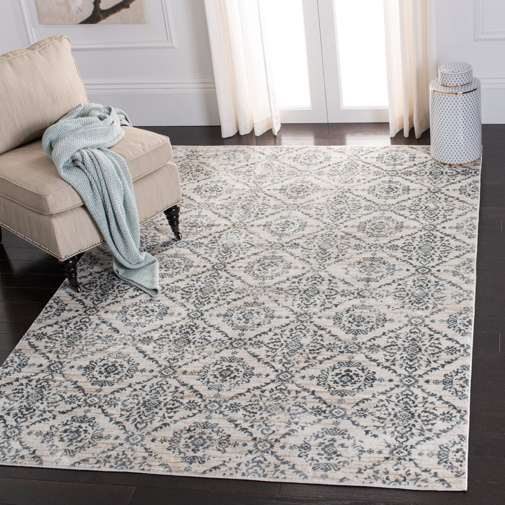 Geometric Floral Area Rug, Cream/Grey, 5'3" x 7'7" G537