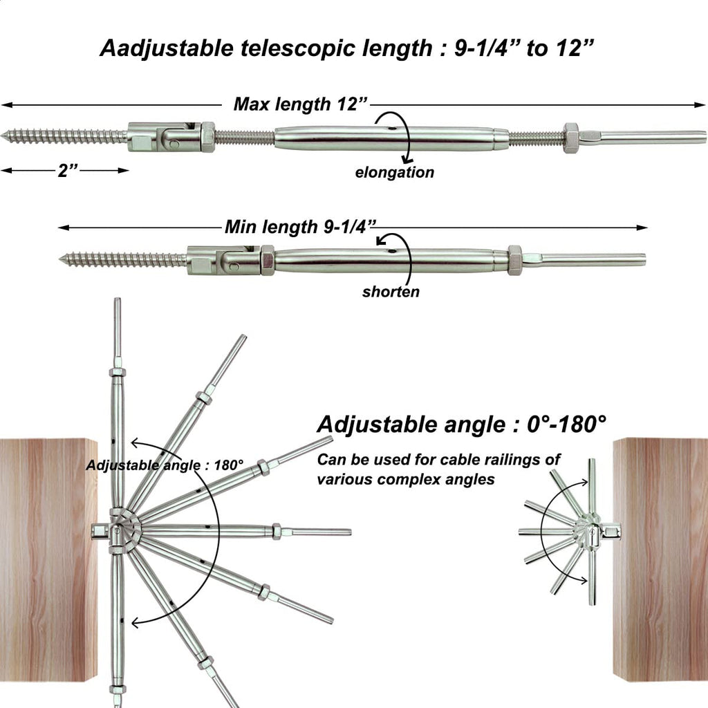 Stainless Steel Cable Railing Hardware Kit, Adjustable Angle Turnbuckle Kit 30 Pairs R163089