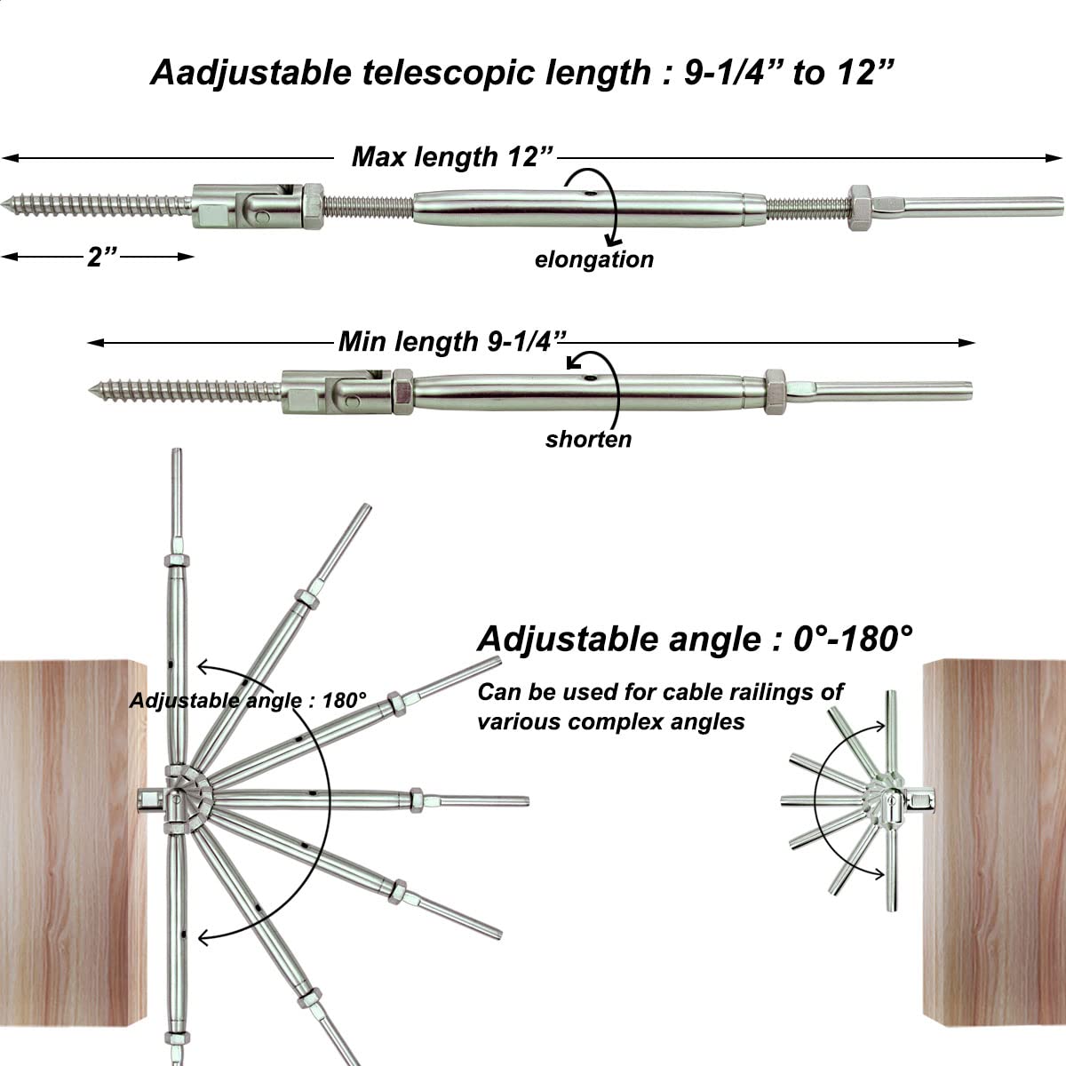 Stainless Steel Cable Railing Hardware Kit, Adjustable Angle Turnbuckle Kit 30 Pairs R163089