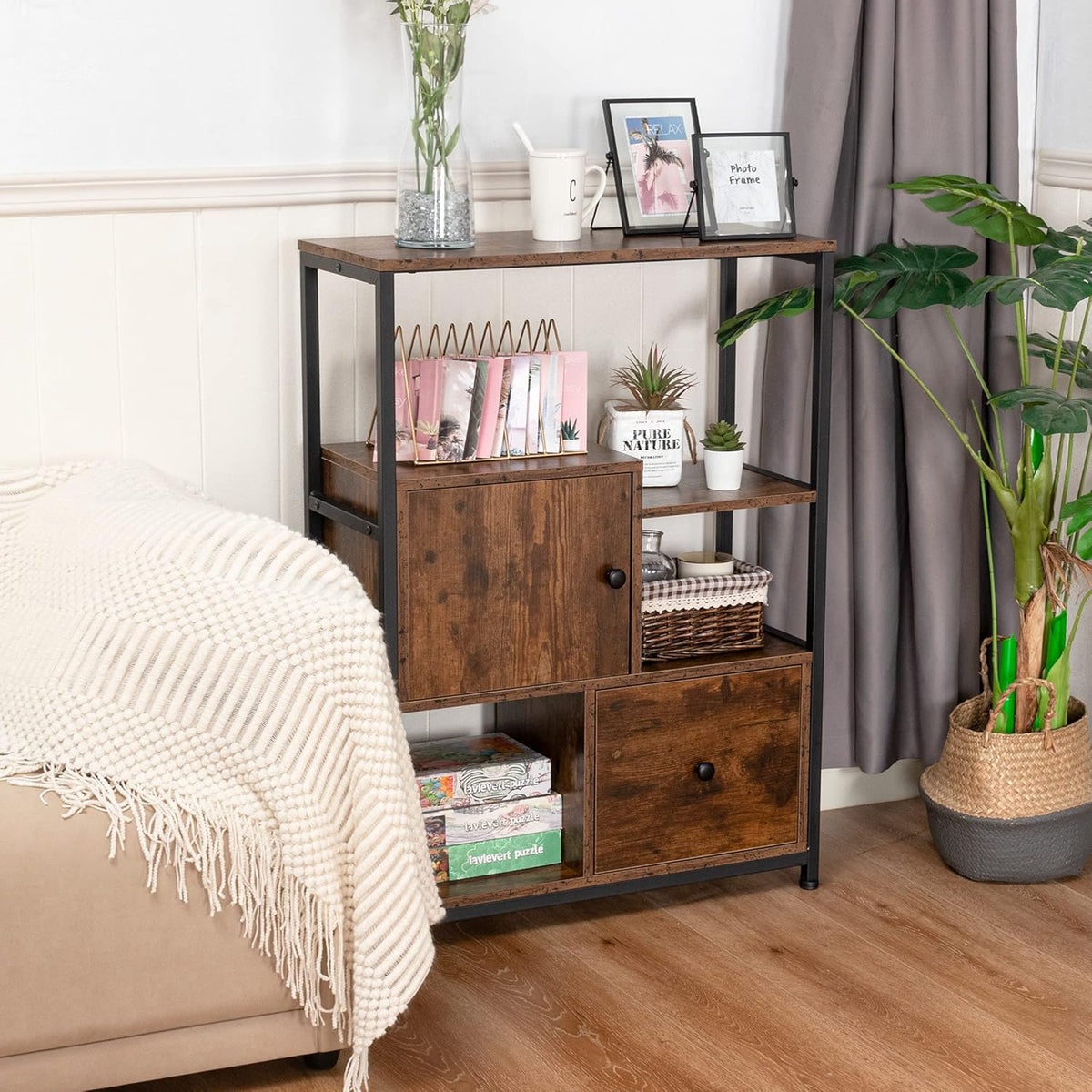 Storage Cabinet with Open Shelf and Drawer, Rustic Brown Z1135