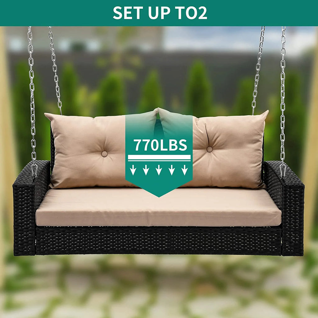 Black Rattan Wicker Hanging Swing Chair with 2 Back Cushions W909