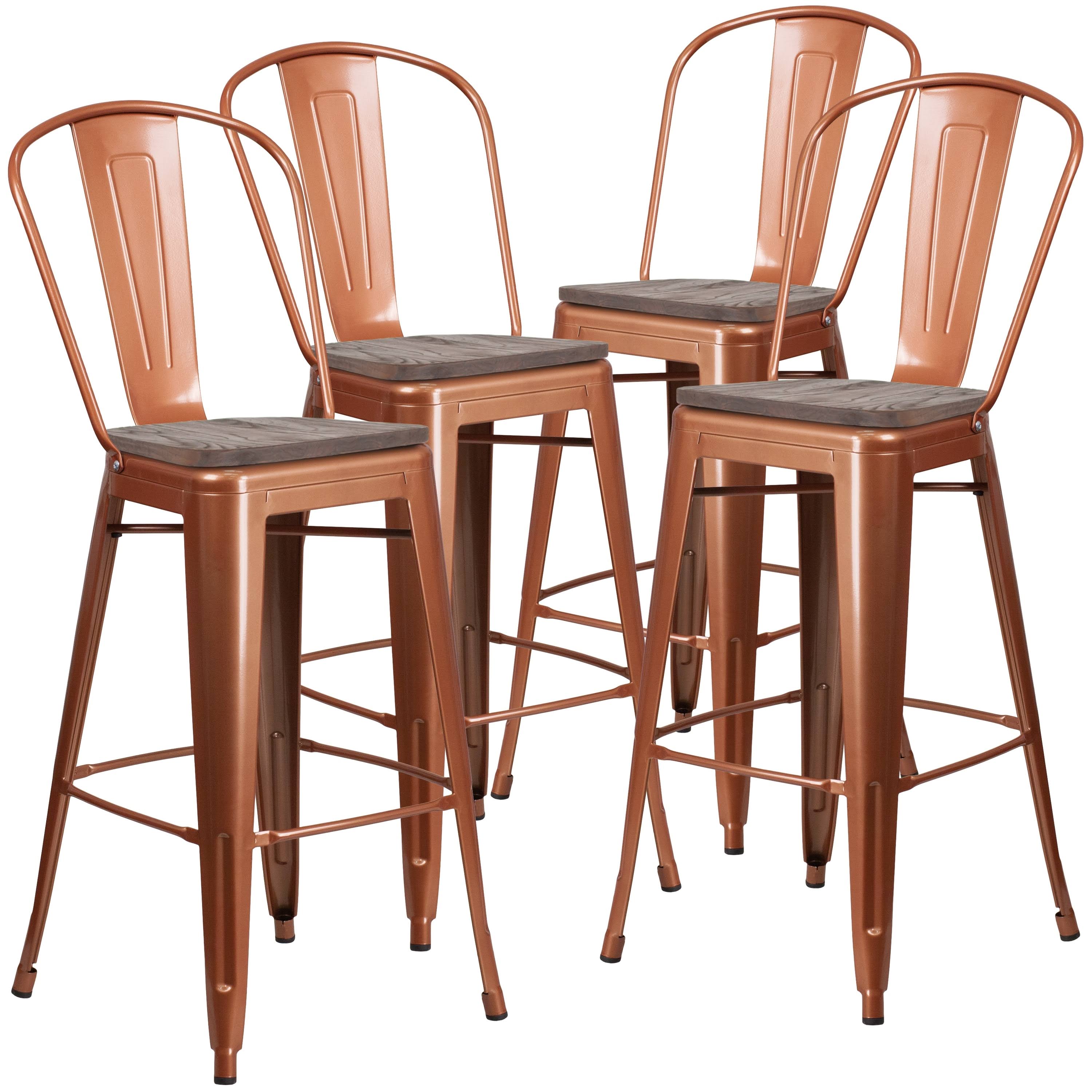 4 Pk. Metal Barstool with Back and Wood Seat - Copper P94431