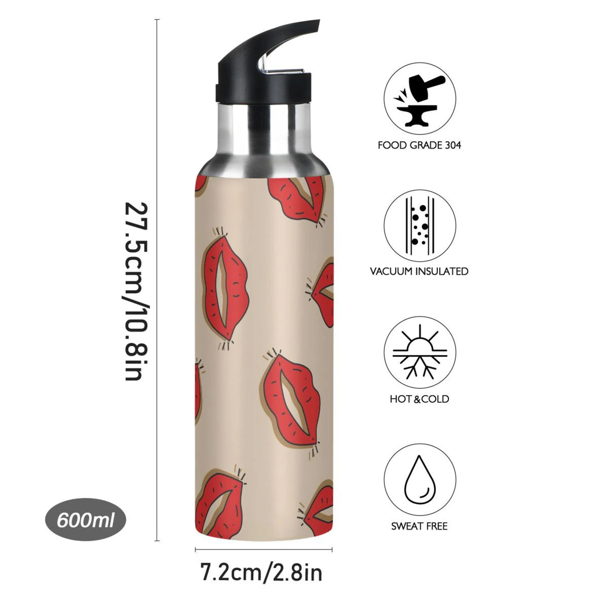 Red Lip Print Stainless Steel Water Bottle with Straw Lid 20 OZ W953848