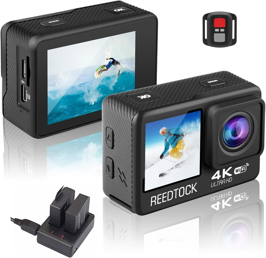 4K 24MP 2.0 Touch LCD Dual Screen Underwater Waterproof Action Camera with Remote Control EIS WiFi 4X Sports Video Recorder 2 Batteries Dual Charger Accessories Kit Pack of 2 R194