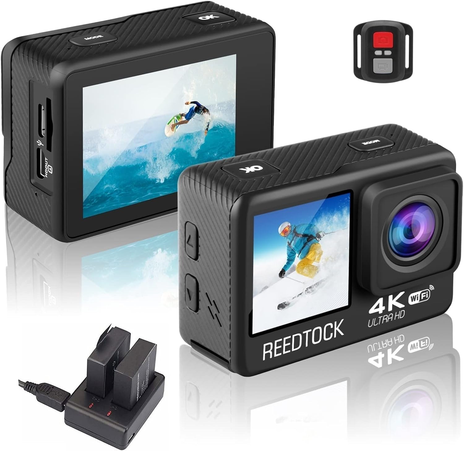 4K 24MP 2.0 Touch LCD Dual Screen Underwater Waterproof Action Camera with Remote Control EIS WiFi 4X Sports Video Recorder 2 Batteries Dual Charger Accessories Kit Pack of 2 R194