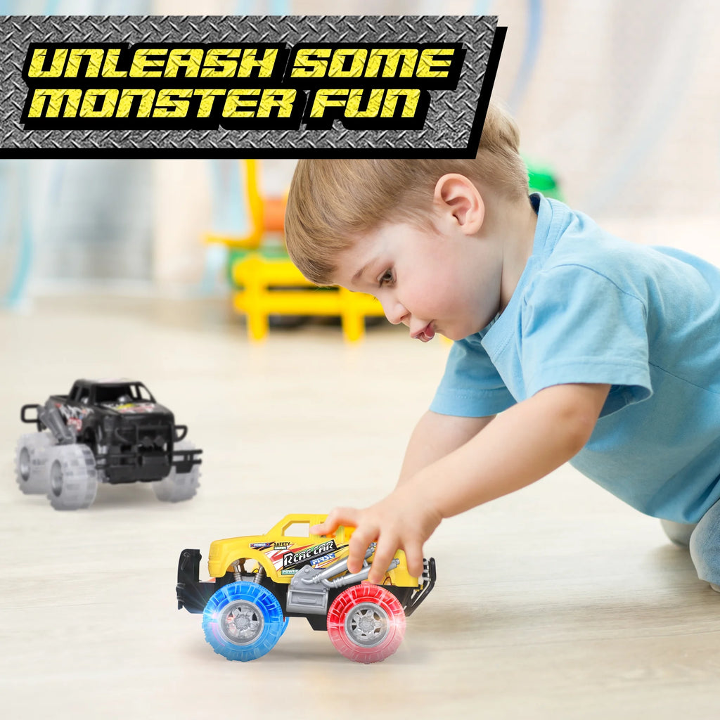 Light Up Monster Truck Set, 2 Pack, 6 Inch LED Tires Push n Go Friction Toy Car X107830